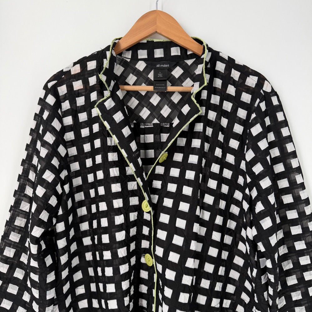 Ali Miles Sheer Jacket Size Large Black White Gingham Artsy Lagenlook Modern - Picture 3 of 7
